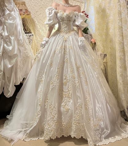 Charming Off The Shoulder White Satin Beaded Long Wedding Dress Bridal Gowns With Gloves D2032