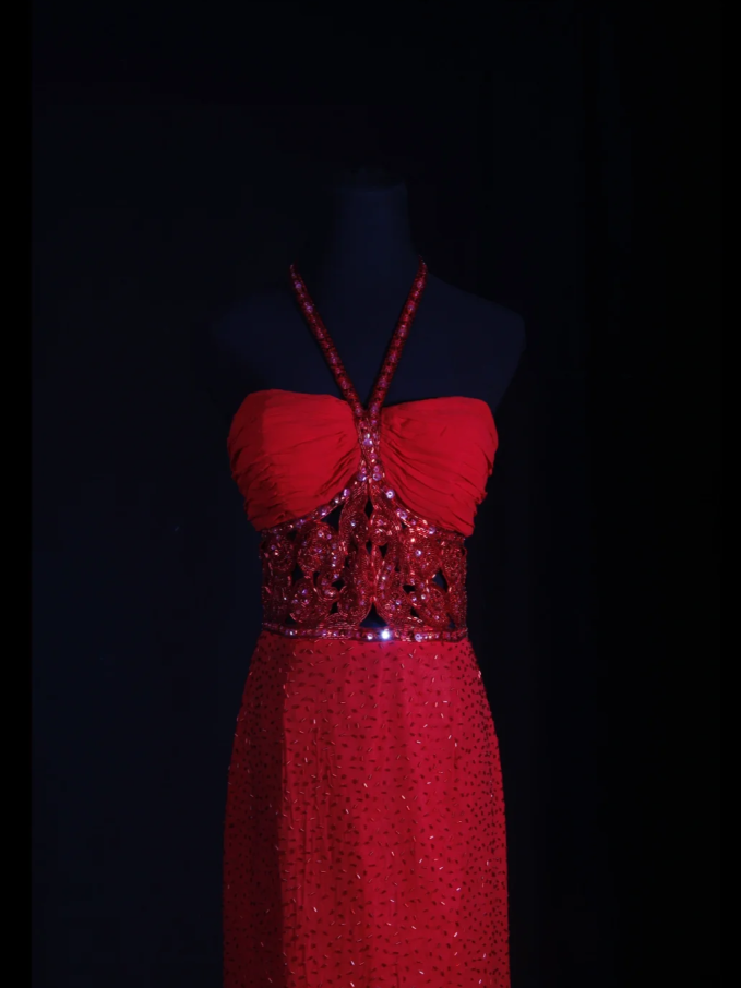 Pretty Red Halter Chiffon Beaded Sheath Long Prom Dress Birthday Evening Dress D2256