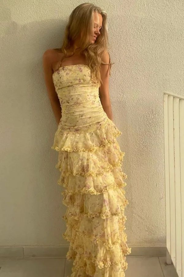Classy Strapless Yellow Chiffon Floral Long Prom Dresses Layered Ruffles Evening Dresses D4517