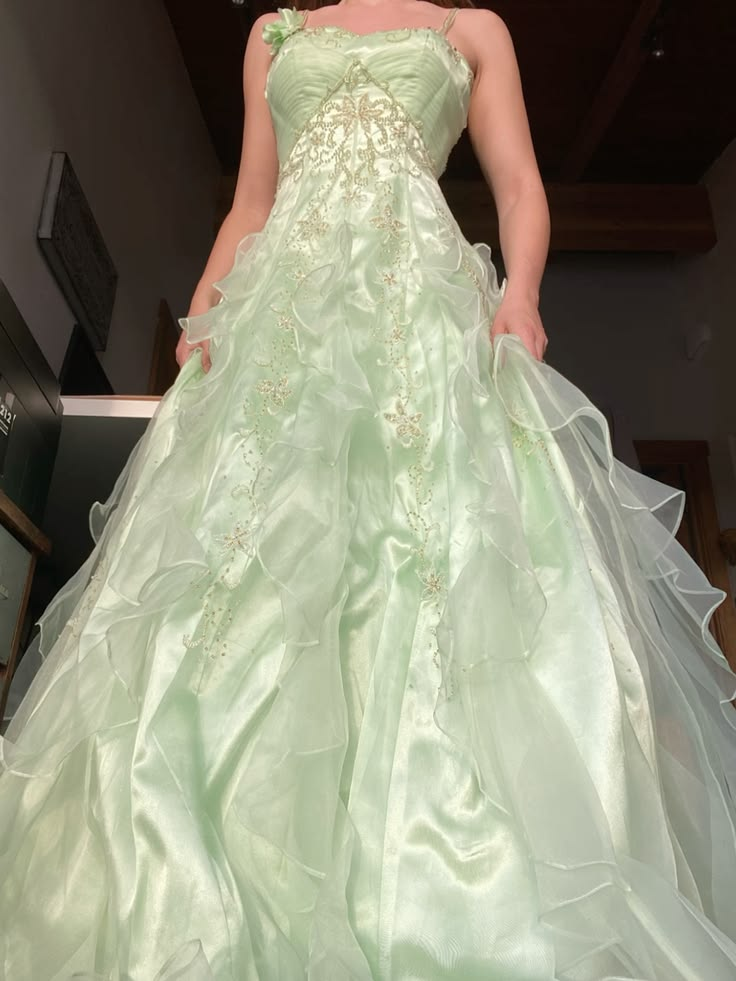 Fairy Green Princess Tulle Beaded Ruffles Long Evening Dress Party Gown D2968