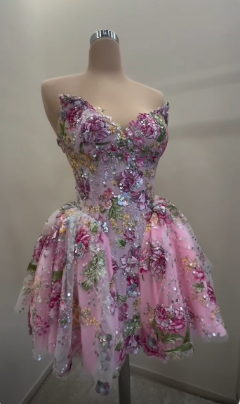 Gorgeous Pink Tulle Sequin Floral A Line Short Homecoming Dress,Formal 15th Birthday Outfits D3739