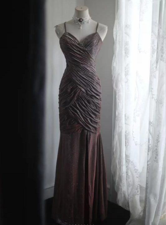 Shiny Spaghetti Straps Purple Satin Sequin Pleated Mermaid Slit Long Evening Dress Birthday Party Gown D2319