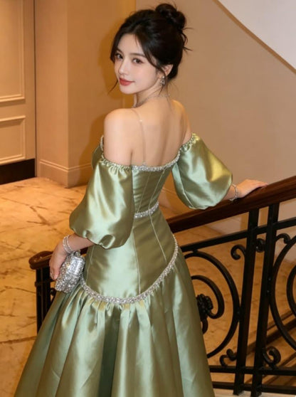 Elegant Sage Green Satin Beaded Long Party Dress Off The Shoulder Long Evening Dress D4751