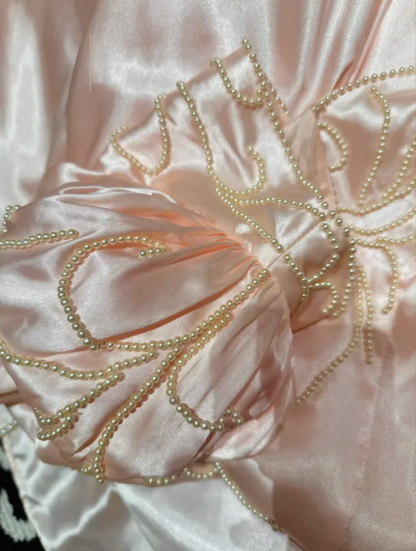 Cute Pink Ball Gown Satin Beaded Long Party Dress Prom Gown With Bow D2041