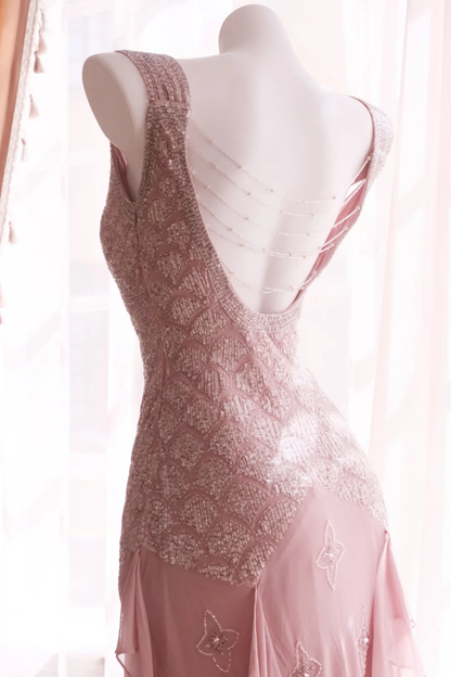 Pretty Pink Sleeveless V Neck Chiffon Sequin Sheath Backless Short Homecoming Dress Birthday Outfits D2743