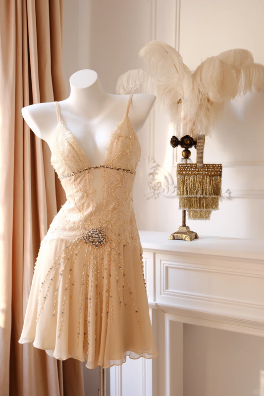 Classy Spaghetti Straps Chiffon Lace Beaded A Line Short Party Dress Mini Cocktail Dress D2735
