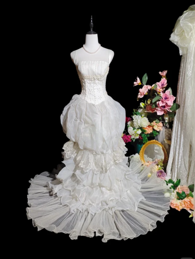 Classy Spaghetti Straps White Satin Tulle Layered Ruffles Long Mermaid Evening Dress Birthday Party Dress D2362