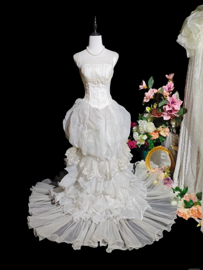 Classy Spaghetti Straps White Satin Tulle Layered Ruffles Long Mermaid Evening Dress Birthday Party Dress D2362