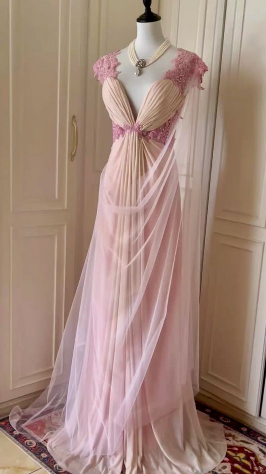 Charming V Neck Chiffon Lace Appliques Beaded Mermaid Long Evening Dress,Pink Party Gown D3094