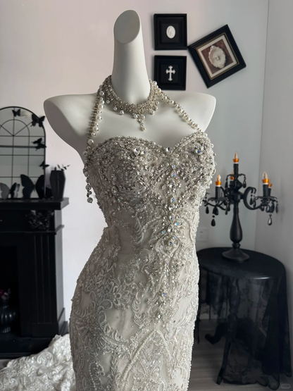 Shiny Halter White Tulle Sequin Beaded Mermaid Wedding Dress Long Bridal Dress D3699