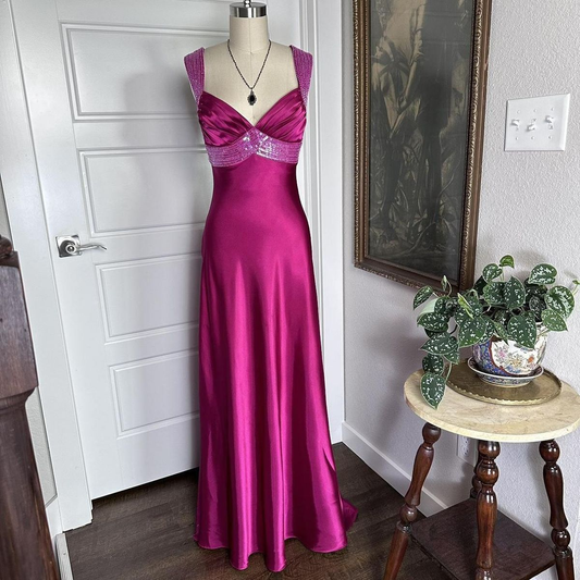 Pretty Hot Pink V Neck Satin Beaded Long Wedding Guest Dress Birthday Party Dress Evening Gown D1890