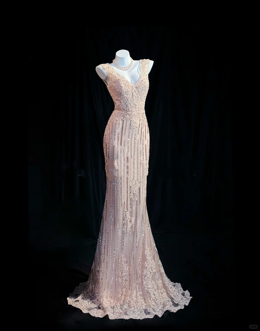 Classy V Neck Apricot Pink Sequin Beaded Mermaid Long Party Dress Evening Dress With Appliques D2516