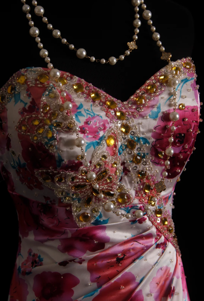 Charming Strapless Satin Floral Beaded Mermaid Long Birthday Prom Dress Evening Dress D2211