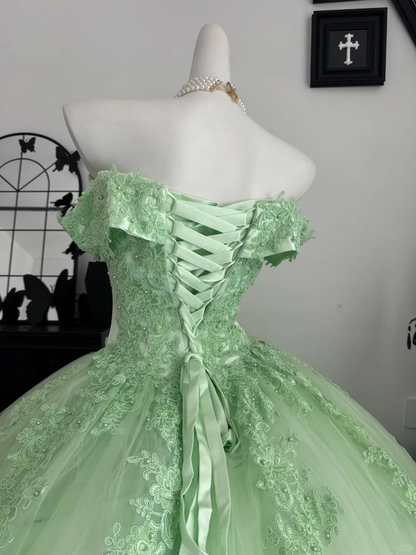 Cute Off The Shoulder Tulle Appliques Sweet 15 Dress,Green Quinceanera Dress With Bow D3722