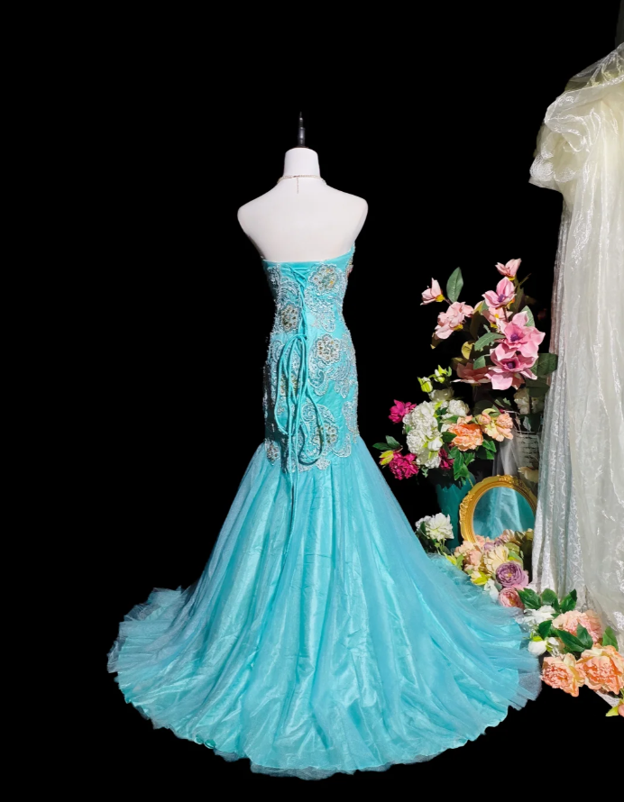 Charming Strapless Blue Tulle Appliques Beaded Mermaid Party Dress Long Birthday Evening Gown D2373