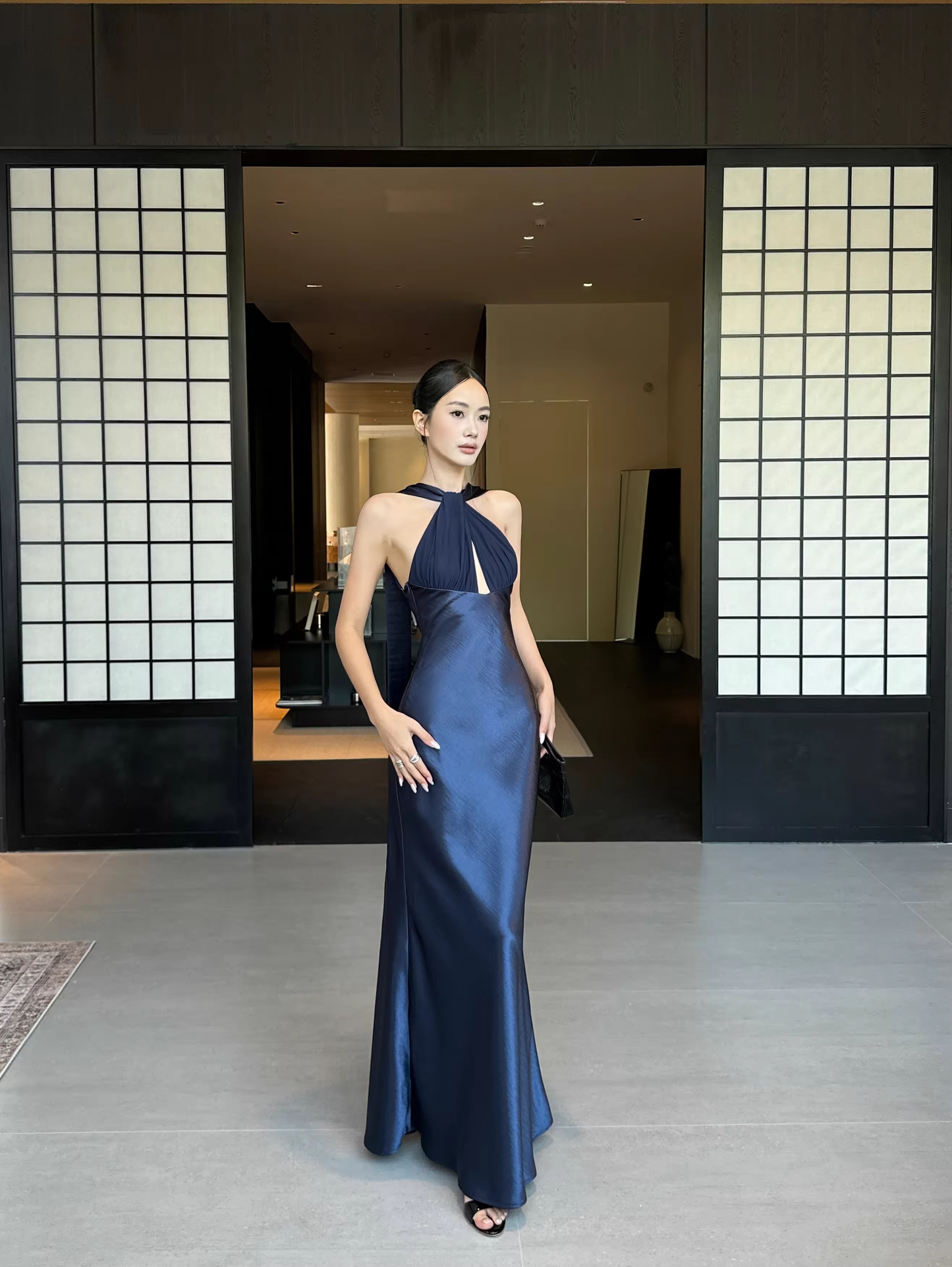 Classy Sleeveless Navy Blue Satin Mermaid Long Wedding Guest Dress Formal Backless Party Dress Evening Gown D2082