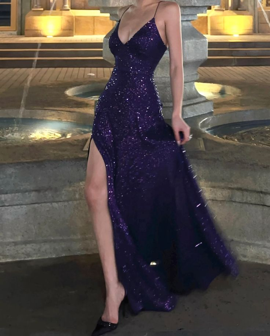 Charming Spaghetti Straps Purple V Neck Sequin Slit Mermaid Evening Dress Long Wedding Guest Dress D1886