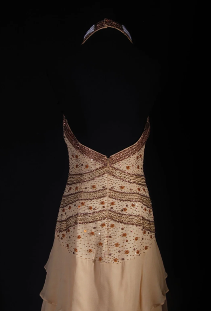 Vintage Khaki Halter Beaded Chiffon Layered Mermaid Long Party Dress Backless Wedding Guest Dress D2005
