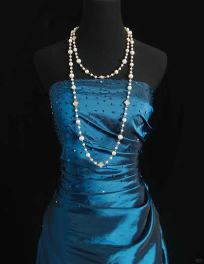 Vintage Blue Strapless Satin Beaded Long Prom Dress Party Dress D2853