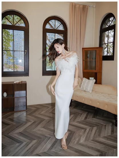 Chic Feathers Strapless White Satin Sheath Long Prom Dress Evening Dresses D2454