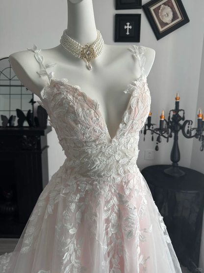 Glamorous Pink Spaghetti Straps Tulle Appliques Long Party Dress Evening Dress D3709