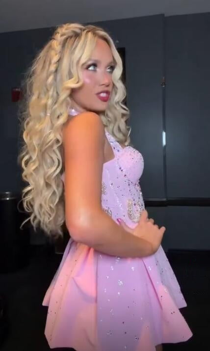Pretty Pink Halter Satin Sequin Beaded Short Homecoming Dress Short Birthday Party Dress D4311