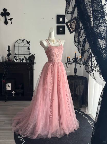 Elegant Spaghetti Straps Tulle Appliques Long Wedding Guest Dress,Pink Evening Dress D3725