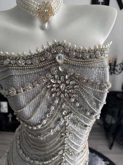 Charming Haze Blue Strapless Tulle Sequin Beaded Mermaid Long Prom Dress Evening Gown D4720