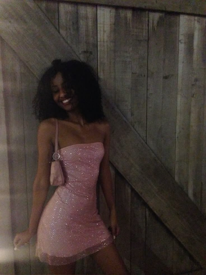 Shiny Strapless Pink Satin Sequin Short Homecoming Dress Birthday Dress D4538
