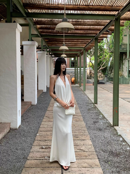 Sexy Halter V Neck White A Line Long Party Dress Formal Backless Evening Gown D2123