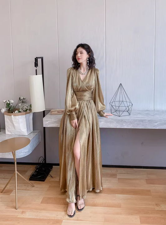 Unique Gold V Neck Satin Pleated Slit A Line Long Evening Dress Formal Wedding Guest Dress D2433