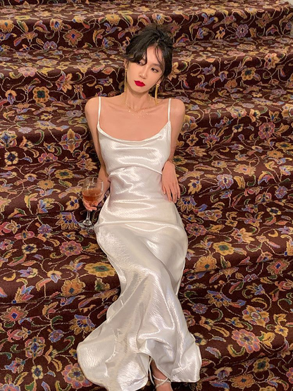 Elegant Spaghetti Straps White Satin Mermaid Prom Dress Formal Bridesmaid Dress D991