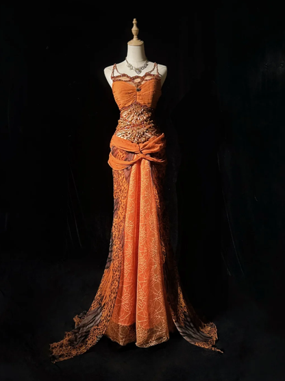 Elegant Spaghetti Straps Chiffon Lace Beaded Mermaid Evening Dress Orange Long Party Gowns D1934