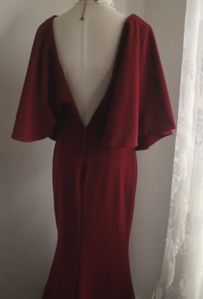 Vintage V Neck Burgundy Satin Mermaid Evening Dress Backless Long Birthday Party Dress D1272