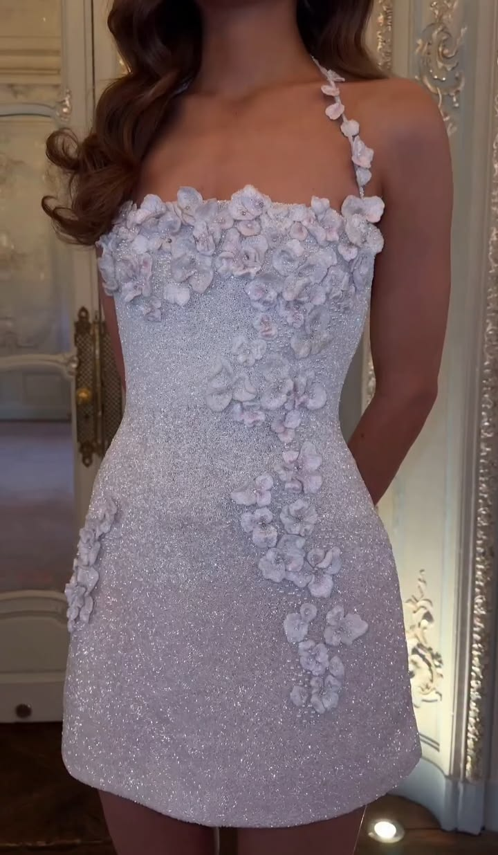 Shimmer Dusty Pink Halter Mini Homecoming Dress,3D Floral Beaded Sequin Bodycon Short Evening Gown D3163