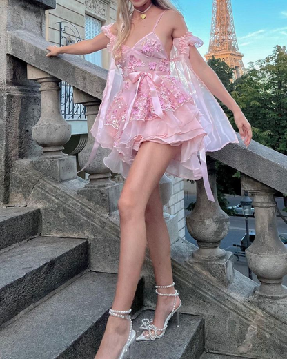 Classy Spaghetti Straps V Neck Pink Lace Appliques Formal Short Homecoming Dress Birthday Outfits D503