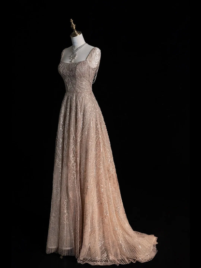 Beautiful Square Neck Champagne Tulle Sequins Beaded Long Party Dress Long Prom Dresses D4830