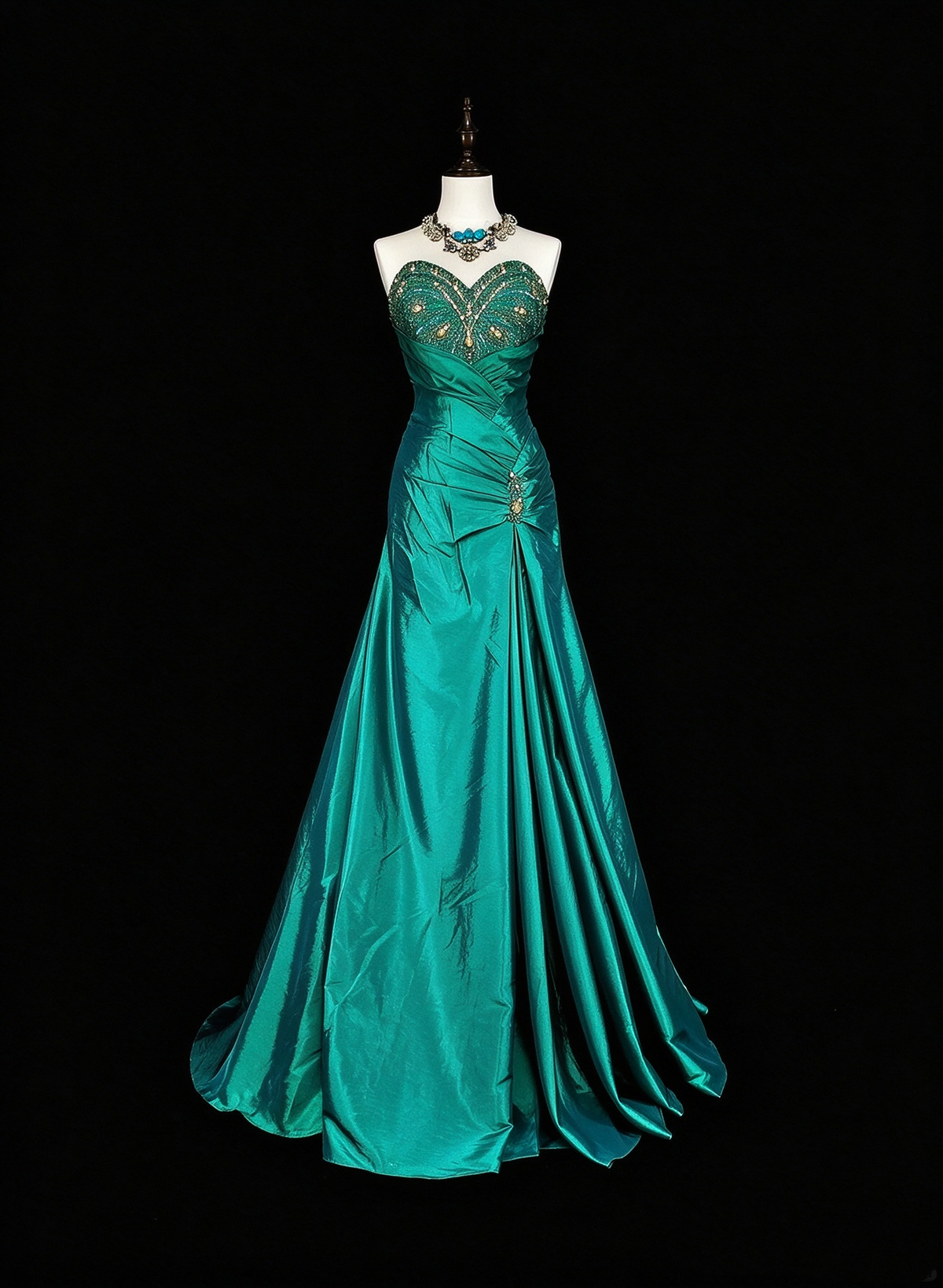 Charming Sweetheart Neck Satin Beaded Long Prom Dress Green Mermaid Evening Dress D5385
