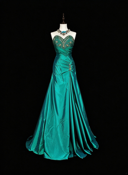 Charming Sweetheart Neck Satin Beaded Long Prom Dress Green Mermaid Evening Dress D5385