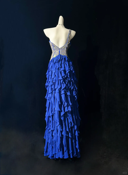 Charming One Shoulder Royal Blue Chiffon Ruffle Beaded Long Prom Dress Evening Gown D3125