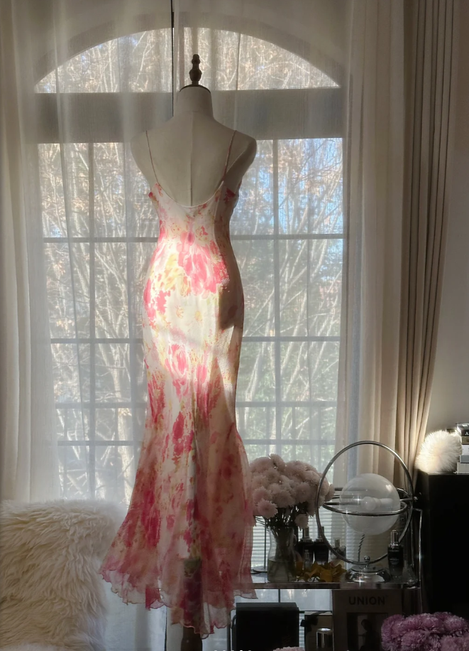 Glamorous Spaghetti Straps Chiffon Print Floral Mermaid Evening Dress Pink Long Party Dress D2102