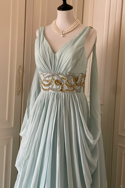 Elegant Blue V Neck Chiffon Beaded Long Evening Dress Prom Gown D3091