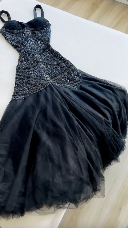 Vintage Navy Blue Spaghetti Straps Tulle Beaded Mermaid Long Evening Dress Party Gown D1482