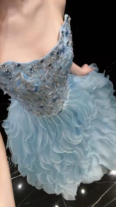 Glamorous Blue Strapless Tulle Ruffles Beaded Long Birthday Prom Dress Evening Dress D4752