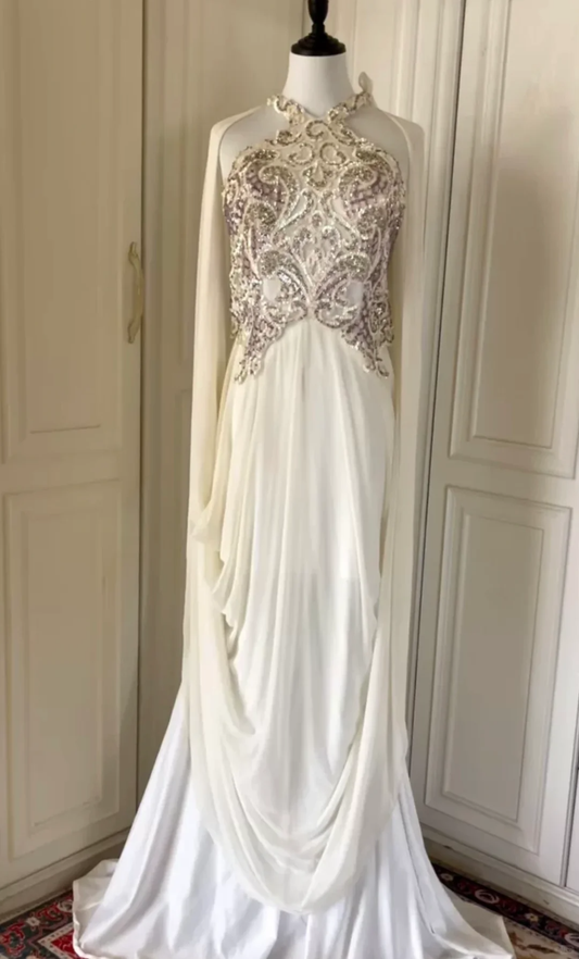 Classy Sleeveless White Sequin Beaded Satin Chiffon Mermaid Long Prom Dress Evening Dress D3104