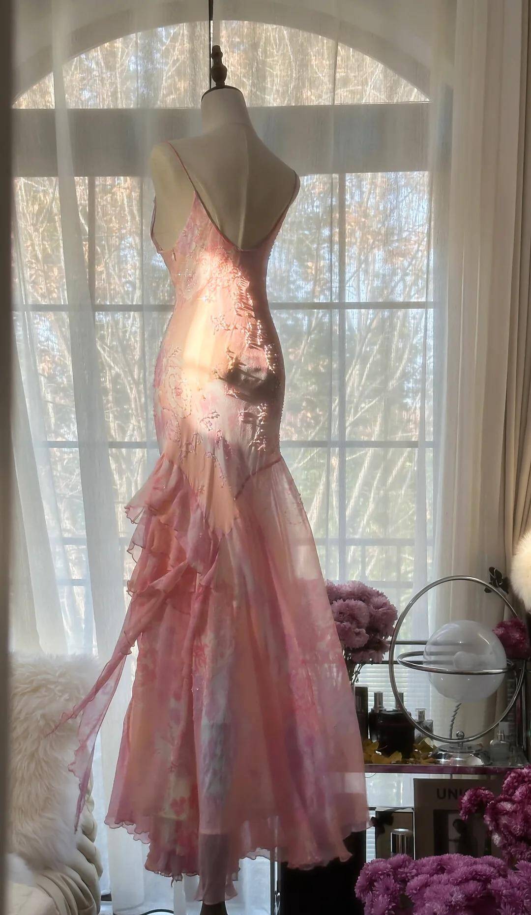 Classy Pink Spaghetti Straps Chiffon Beaded evening Dress Long Mermaid Birthday Party Dress S342