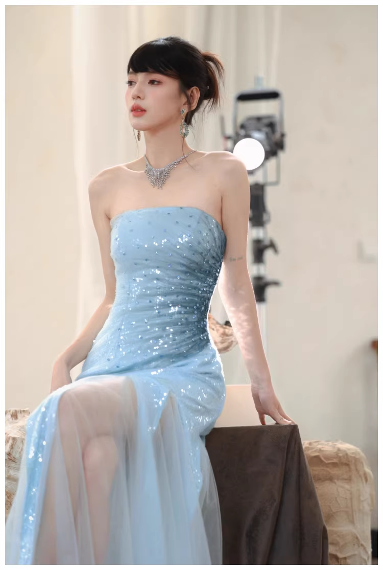 Charming Strapless Blue Tulle Sequin Beaded Mermaid Long Evening Dress Birthday Party Gown D2436