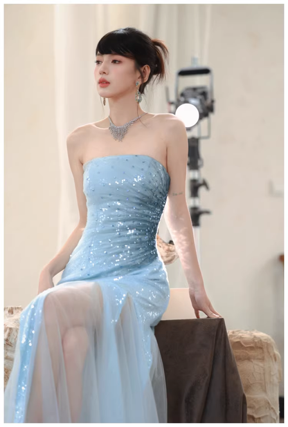 Charming Strapless Blue Tulle Sequin Beaded Mermaid Long Evening Dress Birthday Party Gown D2436