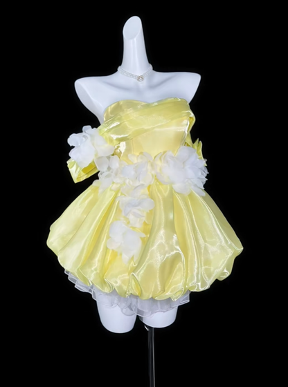Cute Yellow Satin Tulle Appliques A Line Short 18th Birthday Outfits,Off The Shoulder Mini Party Dress D4161