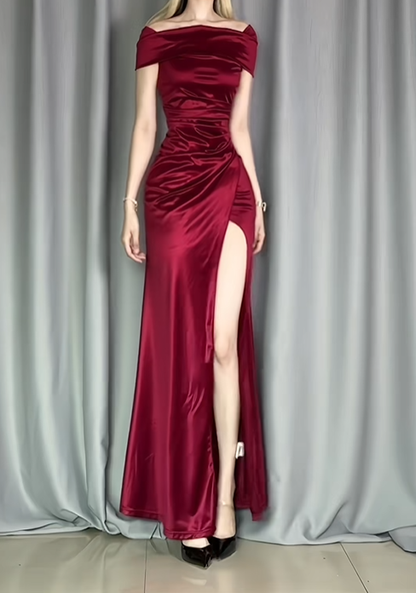 Pretty Burgundy Off The Shoulder Satin Pleated Mermaid Party Dress Long Slit Evening Gowns D2486